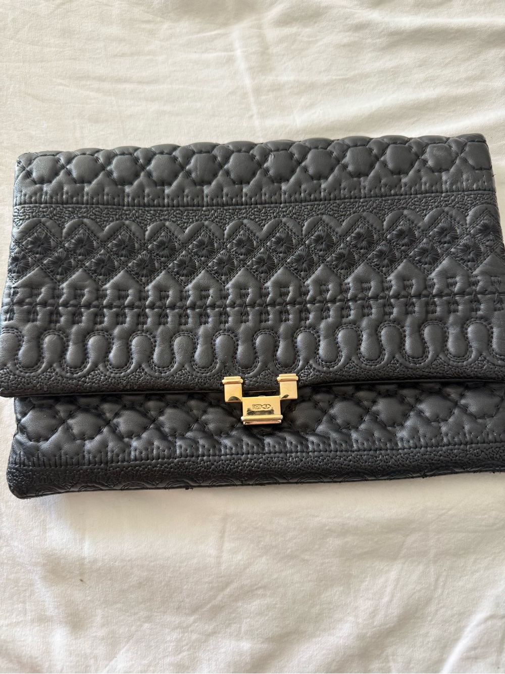 Red Valentino Black Quilted Leather Foldover Clutch with Gold Hardware